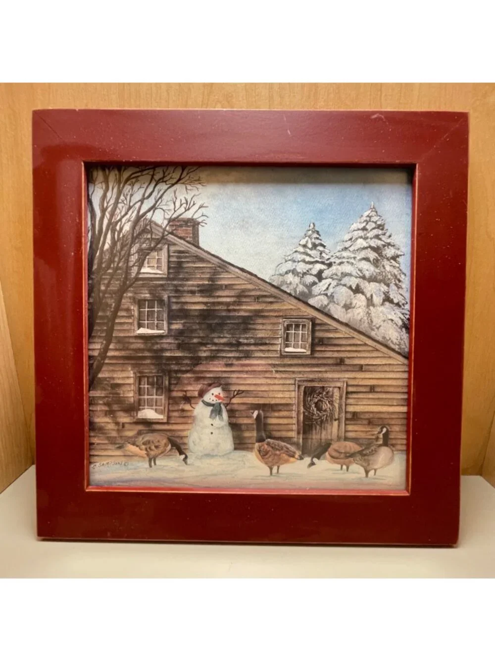 Framed Winter Scene Print by C. Sampson Featuring Snowman & Geese with Rustic Ba